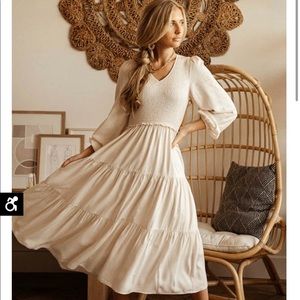 Bohme Smocked Midi Tier Dress in Cream/Ivory - S
